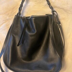 AllSaints Black Leather Hobo Shoulder Bag with silver hardware